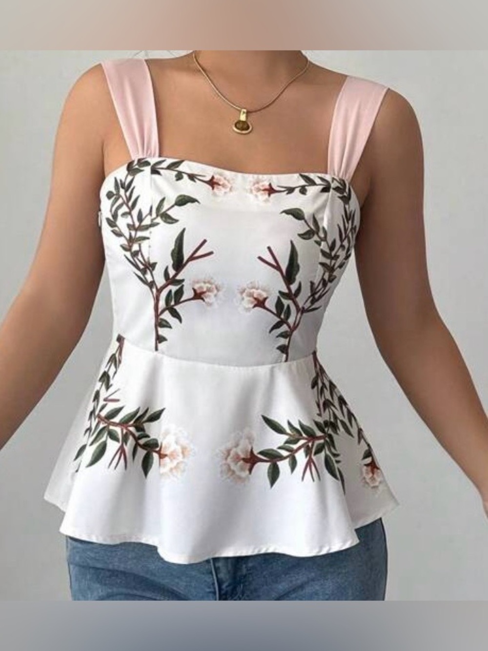 White Floral Peplum Tank Top with Pink Straps
